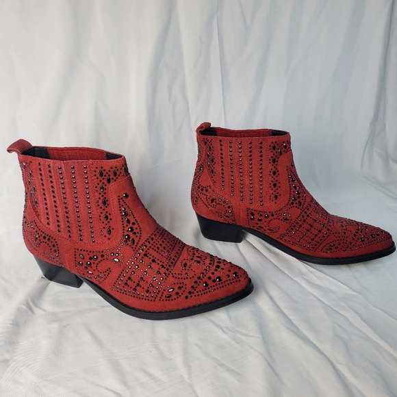 Bibi Lou Red Suede Rhinestone Western Ankle Boots in EU Size 38, US 7.5. - Picture 6 of 13
